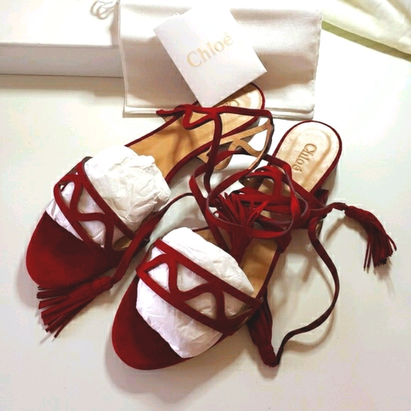 Chloe Shoes - Brand New Chloe Red Suede Lace-up Sandals